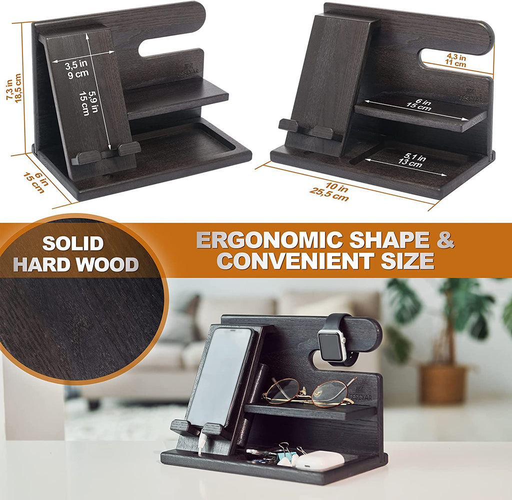 Wood Phone Docking Station for Men - Desktop or Nightstand Organizer - Birthday Gifts for Men, Dad - Anniversary Idea from Wife - Key Holder, Stand Wallet, Watch & Essentials (Granite Black)