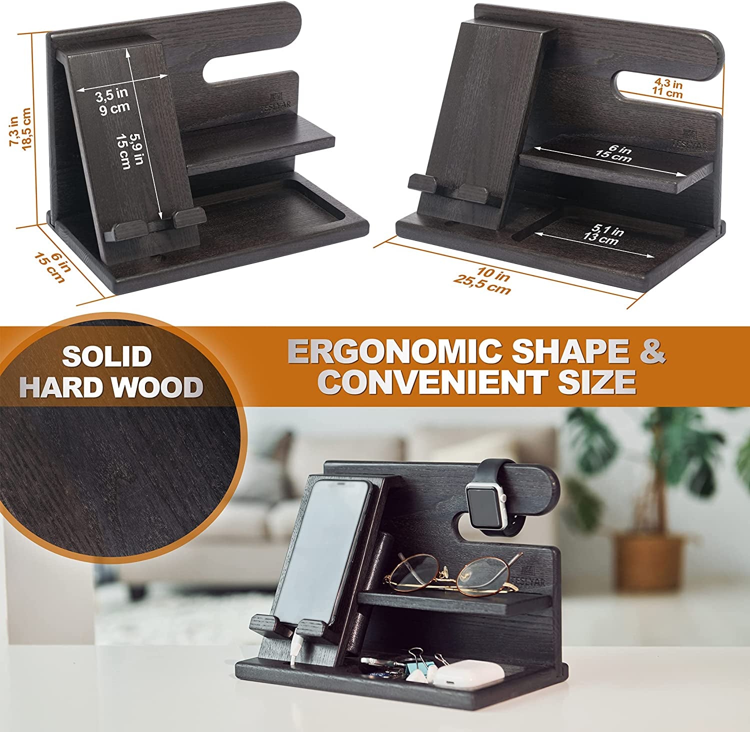 Wood Phone Docking Station for Men - Desktop or Nightstand Organizer - Birthday Gifts for Men, Dad - Anniversary Idea from Wife - Key Holder, Stand Wallet, Watch & Essentials (Granite Black)