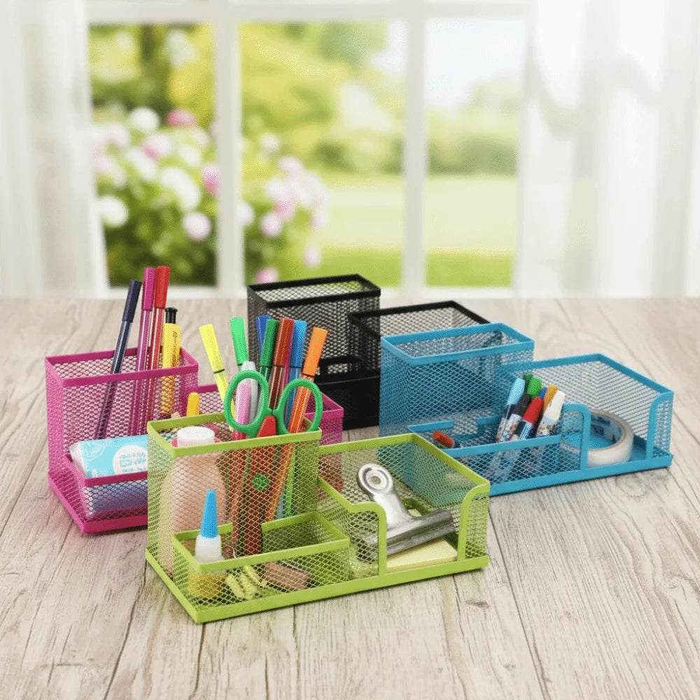 3/4 Grid Metal Mesh Pen Holder Large Capacity Creative Pencil Storage Box Hollowed-Out Multi-Purpose Desktop Storage Container
