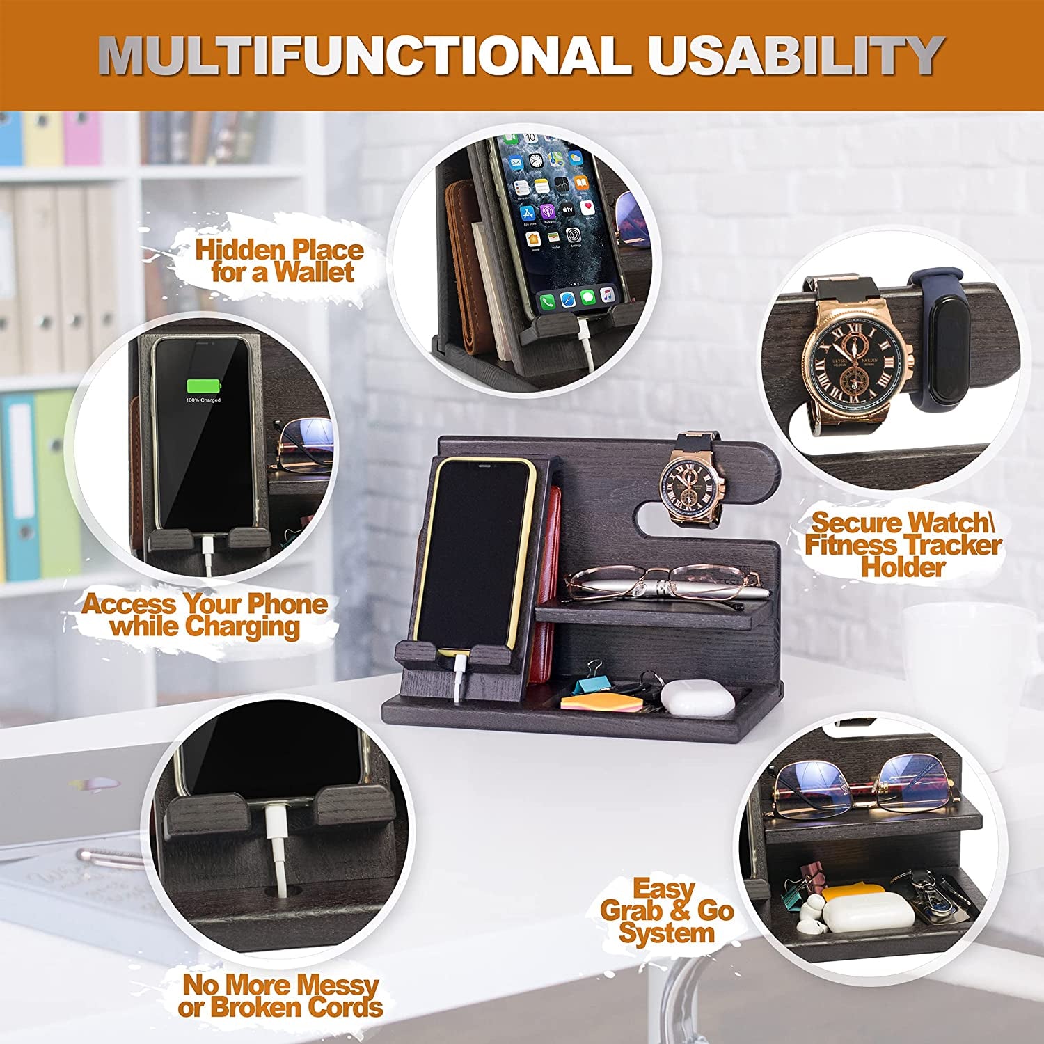 Wood Phone Docking Station for Men - Desktop or Nightstand Organizer - Birthday Gifts for Men, Dad - Anniversary Idea from Wife - Key Holder, Stand Wallet, Watch & Essentials (Granite Black)