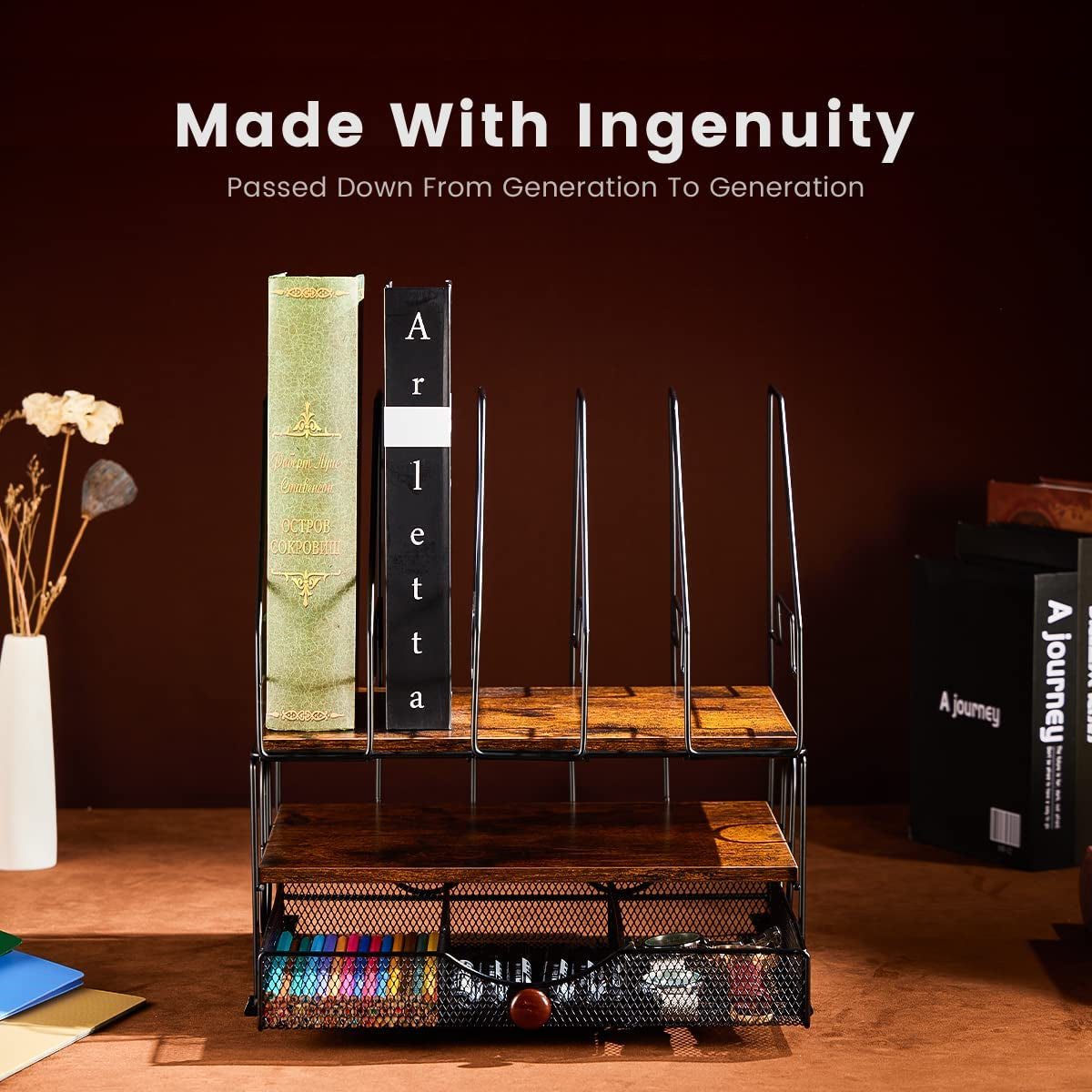 Desk Organizers, File Organizer for Desk, Wood Desk Organizer, Desktop File Organizer with Drawer, with 5 Upright File Holder Sorters, for Office Supplies Folder Organizer