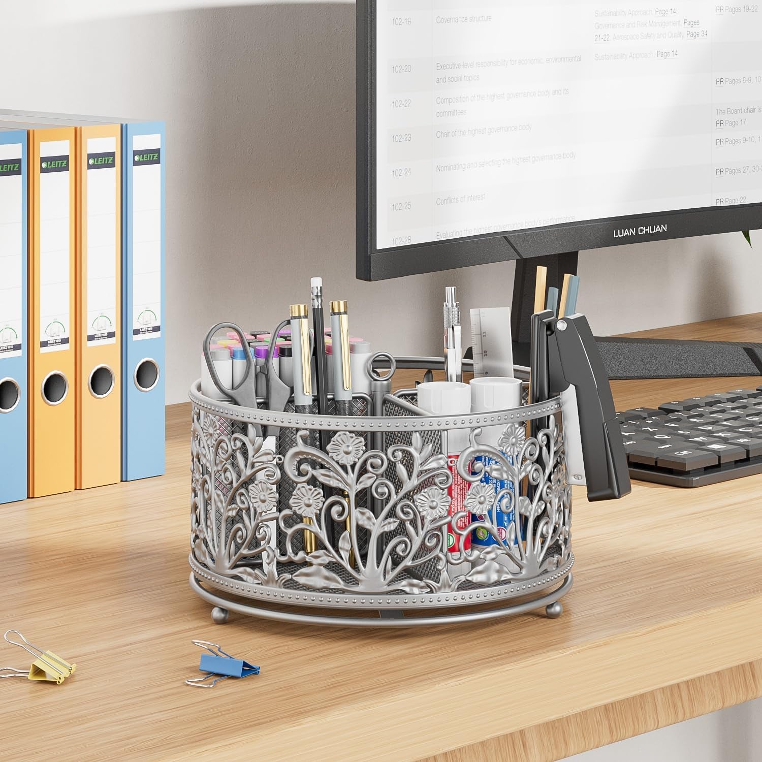 Pencil Pen Holder for Desk - Rotating Pencil Cup Organizer Cute Desktop Caddy with 4 Slots for Art Supplies School Home