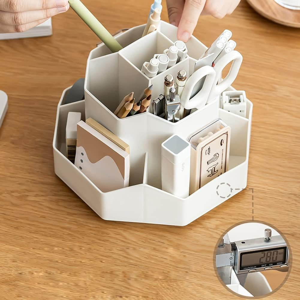 Rotating Art Supply Storage Organizer,Pencil Holder with 9 Compartment, Pen Storage Organizer, for Kids Art Desk, Homeschool Supplies, Home Office Desktop Organizer(White)
