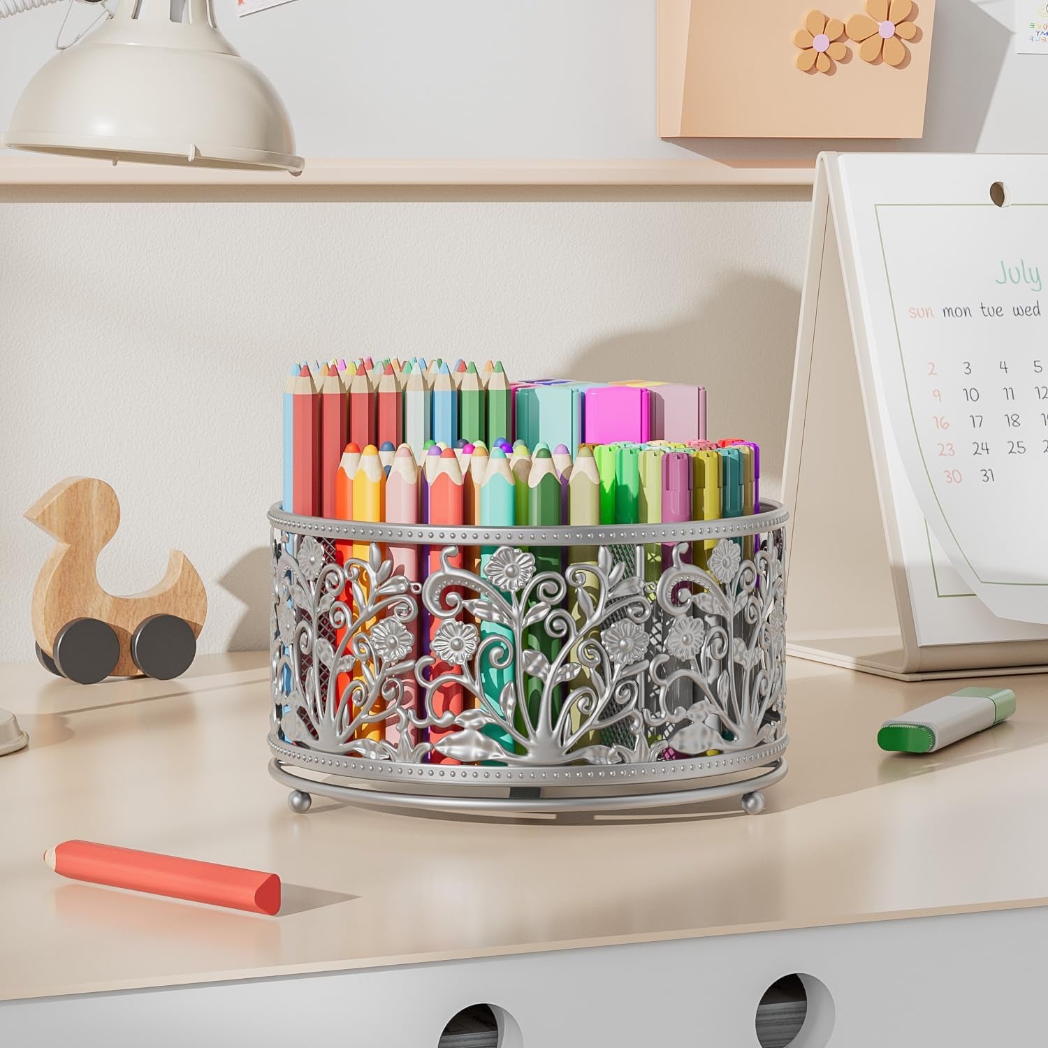 Pencil Pen Holder for Desk - Rotating Pencil Cup Organizer Cute Desktop Caddy with 4 Slots for Art Supplies School Home