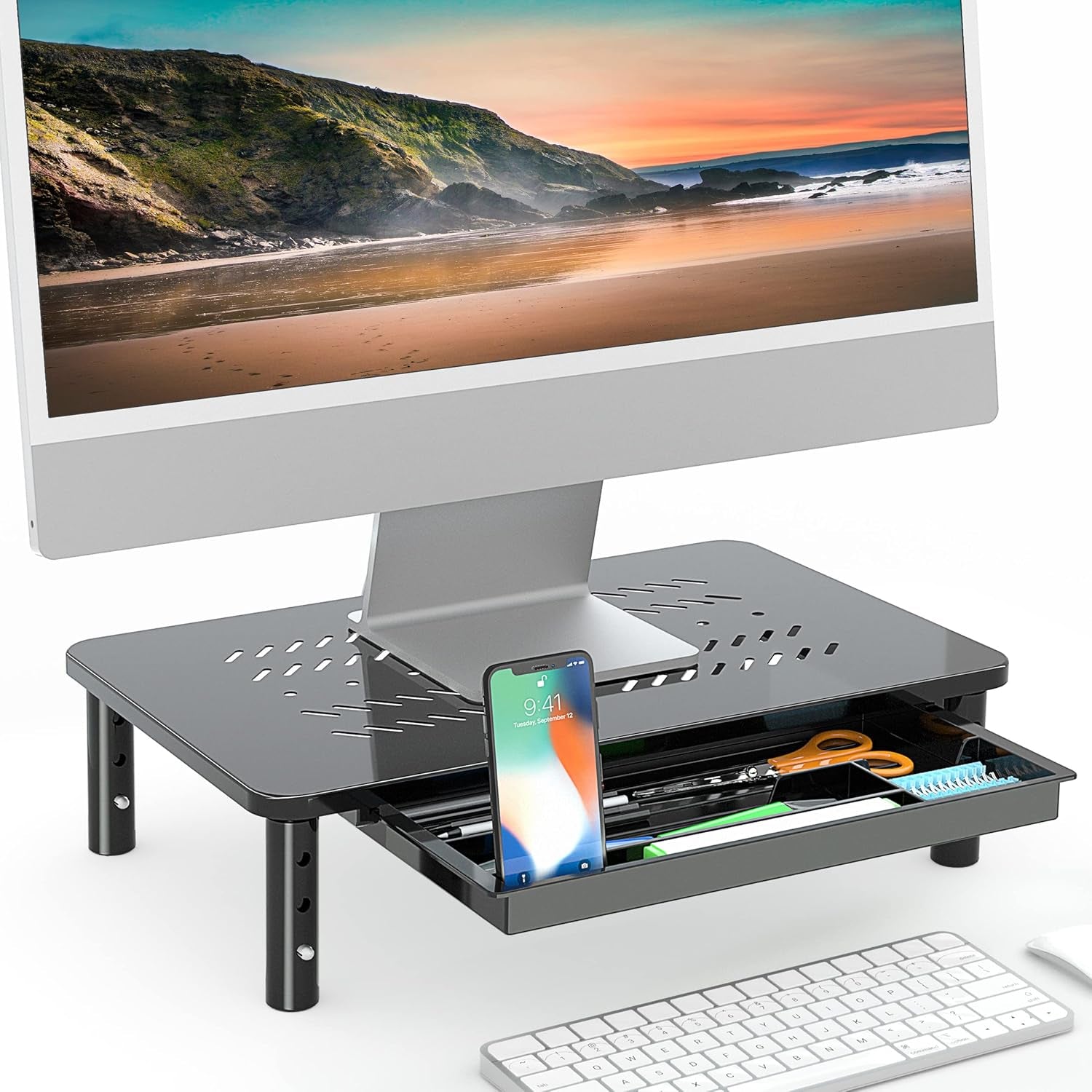 Monitor Stand with Drawer - Adjustable Computer Monitor Riser, Metal Desktop Stand for PC Cellphone Cable Management, Printer Display with Vented, Office Organization, Black, 1PACK