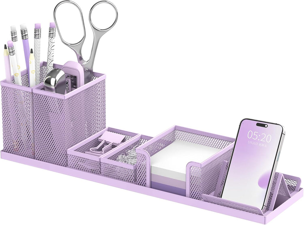 Pen Holder for Desk, 6 Piece Mesh Desk Organizer Set for Office Organization with Mail Organizer, Letter Phone Holder, Sticky Notes Caddy Storage, Purple