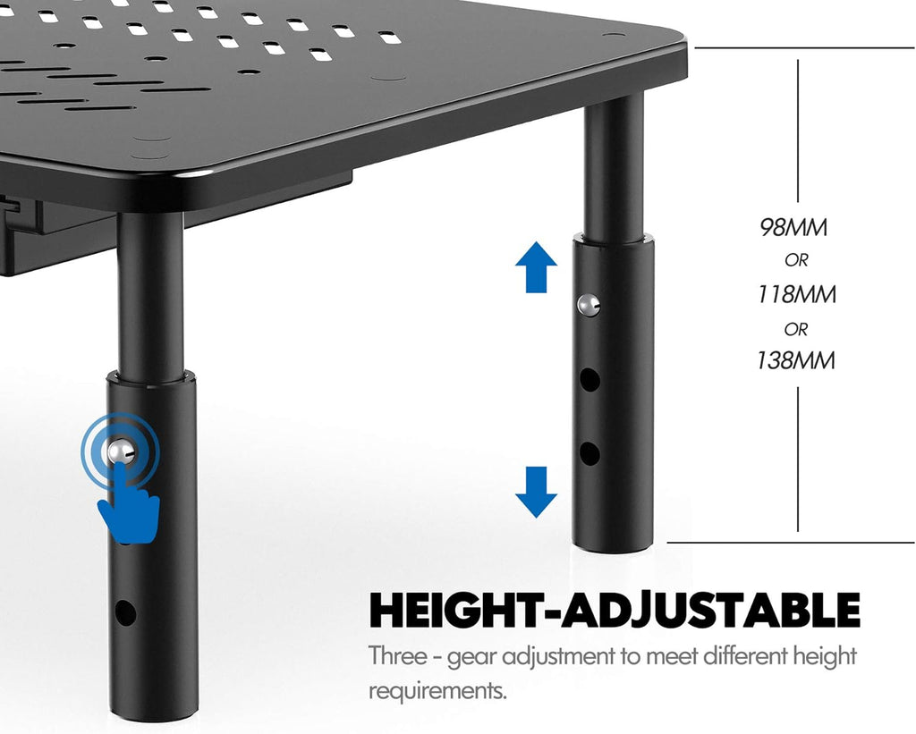 Monitor Stand with Drawer - Adjustable Computer Monitor Riser, Metal Desktop Stand for PC Cellphone Cable Management, Printer Display with Vented, Office Organization, Black, 1PACK