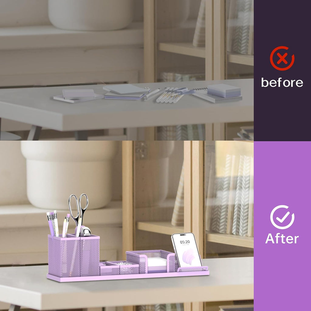 Pen Holder for Desk, 6 Piece Mesh Desk Organizer Set for Office Organization with Mail Organizer, Letter Phone Holder, Sticky Notes Caddy Storage, Purple