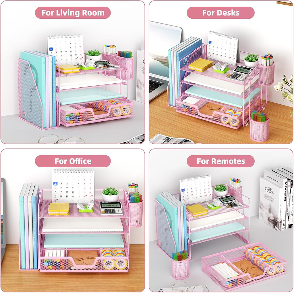 Desk Organizer and Accessories，4-Tier Paper Letter Tray Organizer with File Holder, Workspace Desk Organizers Accessories with Drawer and 2 Pen Holder (Pink, 15.4" X 9.1" X 8.3")