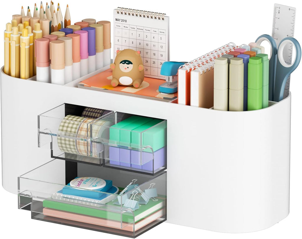 Desk Organizer Pen Holder for Desk with 3 Drawers, Multi-Functional Pencil Holder, Desk Organizers and Accessories with 7 Compartments for Home, School, Classroom(White)