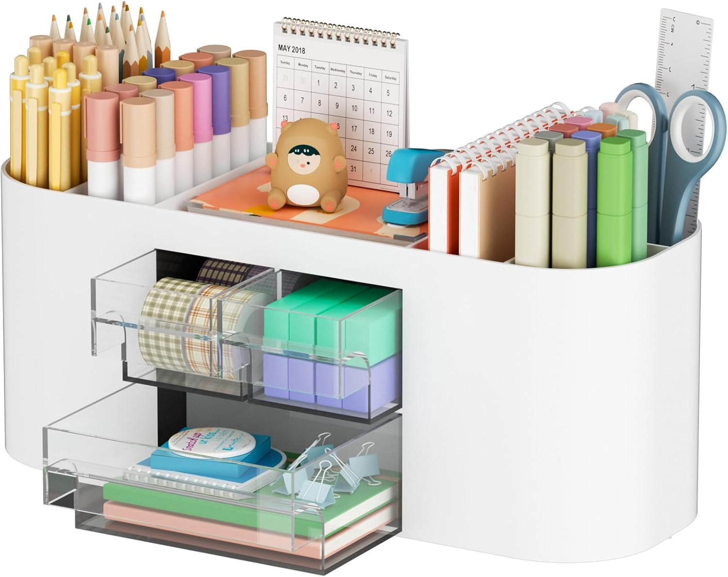 Desk Organizer Pen Holder for Desk with 3 Drawers, Multi-Functional Pencil Holder, Desk Organizers and Accessories with 7 Compartments for Home, School, Classroom(White)