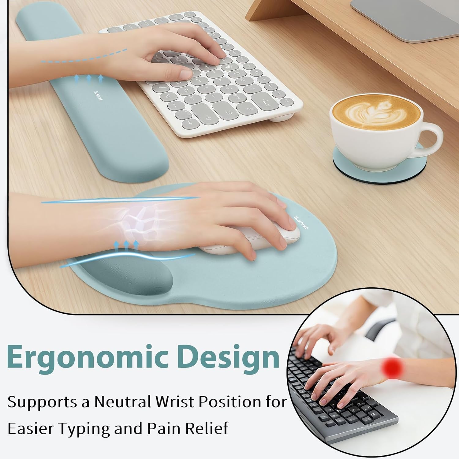 Mouse Pad and Keyboard Wrist Rest, 3-In-1 Gel Memory Foam Ergonomic Mouse Pad with Wrist Rest Set, Gaming Mousepad Arm Cushion Support for Computer Office Desk Accessories Cute, Seafoam Blue