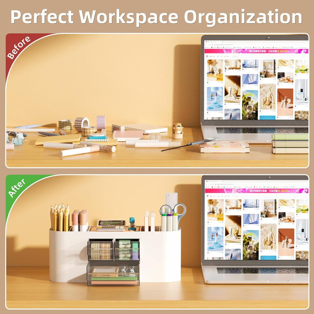 Desk Organizer Pen Holder for Desk with 3 Drawers, Multi-Functional Pencil Holder, Desk Organizers and Accessories with 7 Compartments for Home, School, Classroom(White)