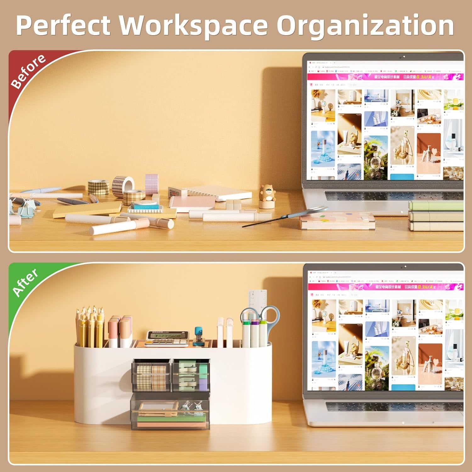 Desk Organizer Pen Holder for Desk with 3 Drawers, Multi-Functional Pencil Holder, Desk Organizers and Accessories with 7 Compartments for Home, School, Classroom(White)