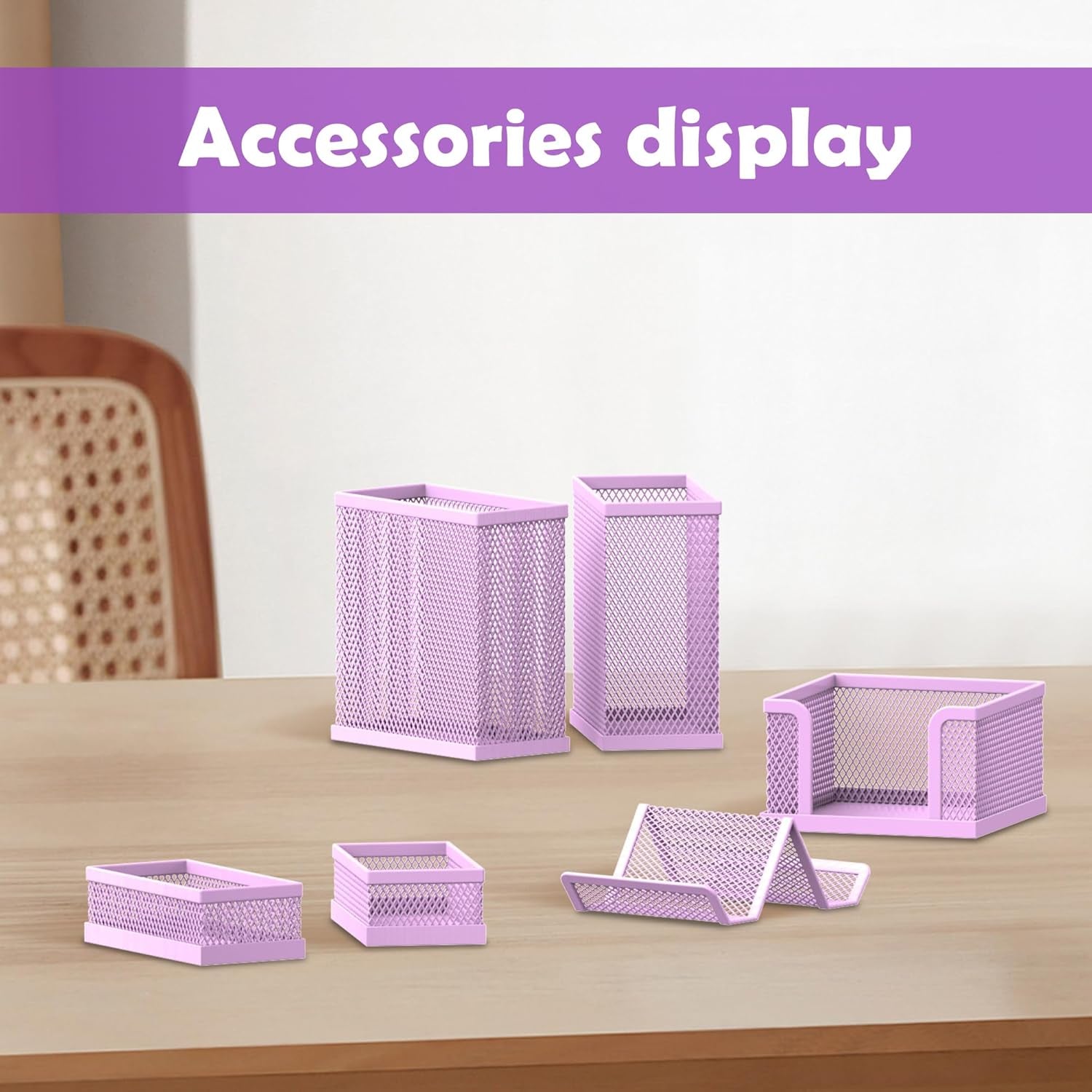 Pen Holder for Desk, 6 Piece Mesh Desk Organizer Set for Office Organization with Mail Organizer, Letter Phone Holder, Sticky Notes Caddy Storage, Purple