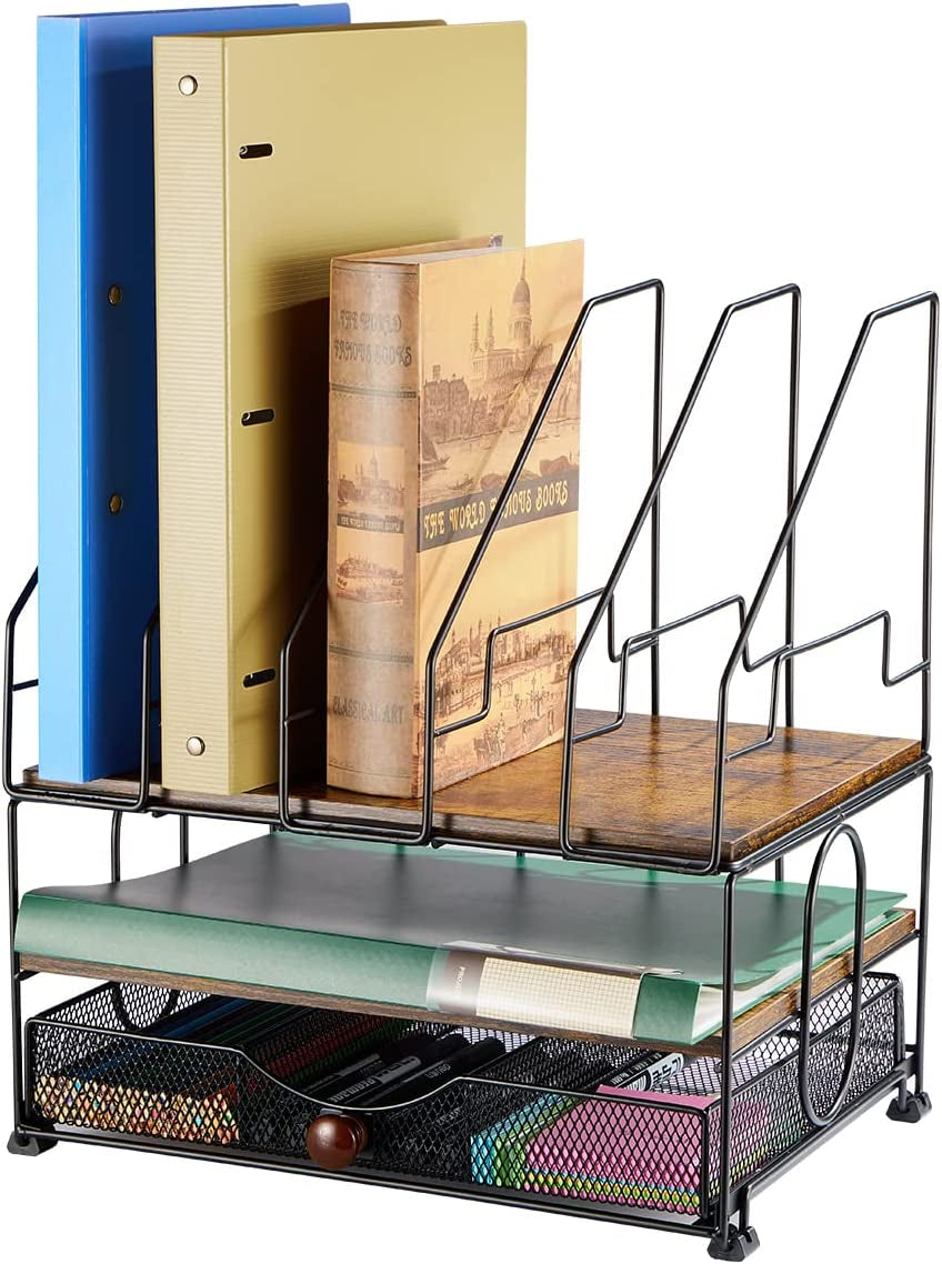 Desk Organizers, File Organizer for Desk, Wood Desk Organizer, Desktop File Organizer with Drawer, with 5 Upright File Holder Sorters, for Office Supplies Folder Organizer