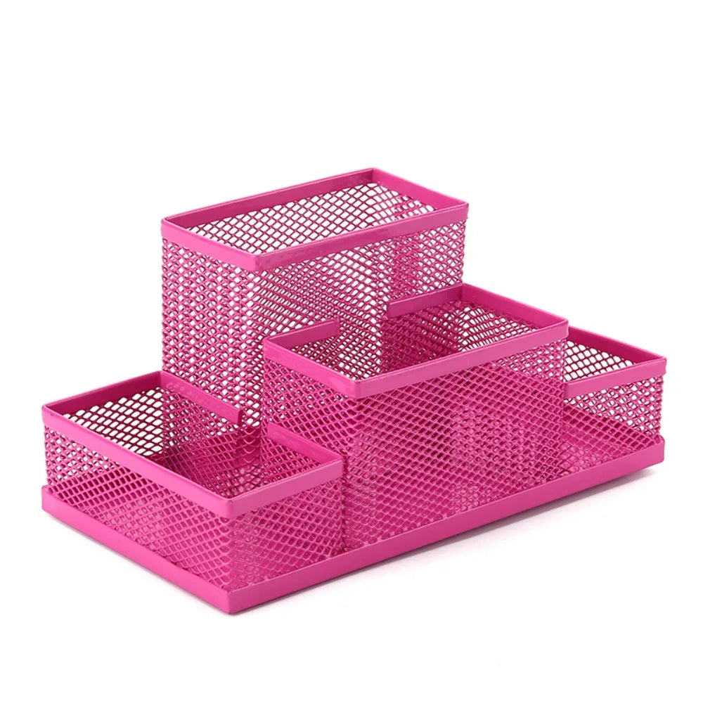 3/4 Grid Metal Mesh Pen Holder Large Capacity Creative Pencil Storage Box Hollowed-Out Multi-Purpose Desktop Storage Container