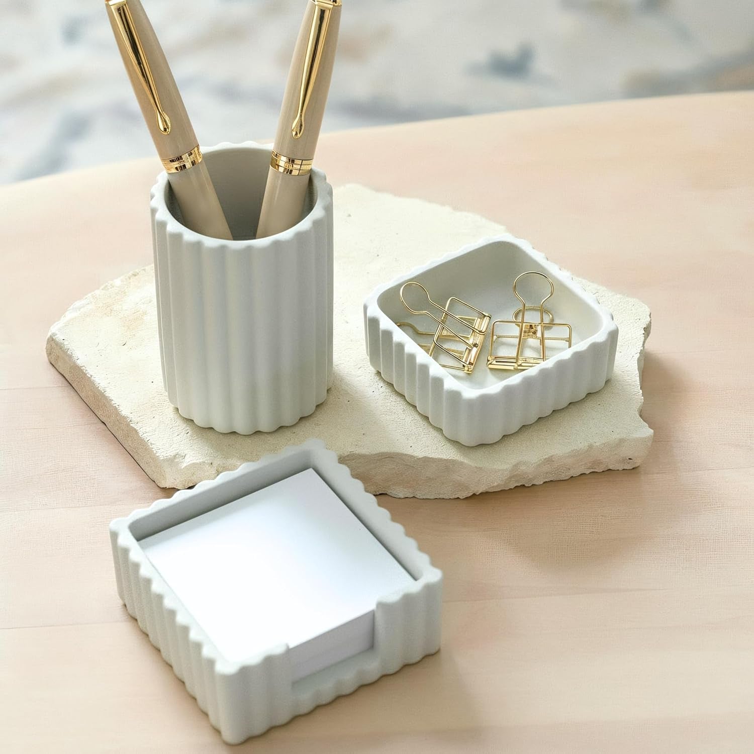 Modern Aesthetic Desk Accessories Set of 3 - Stylish Concrete Organizers for Pens & Office Supplies - a Cute and Functional Addition to Your Workspace Decor