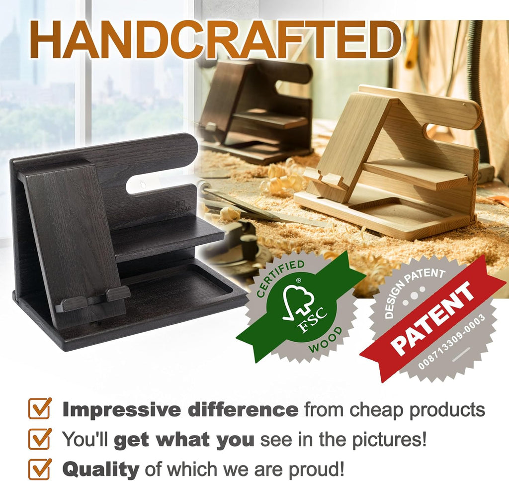 Wood Phone Docking Station for Men - Desktop or Nightstand Organizer - Birthday Gifts for Men, Dad - Anniversary Idea from Wife - Key Holder, Stand Wallet, Watch & Essentials (Granite Black)
