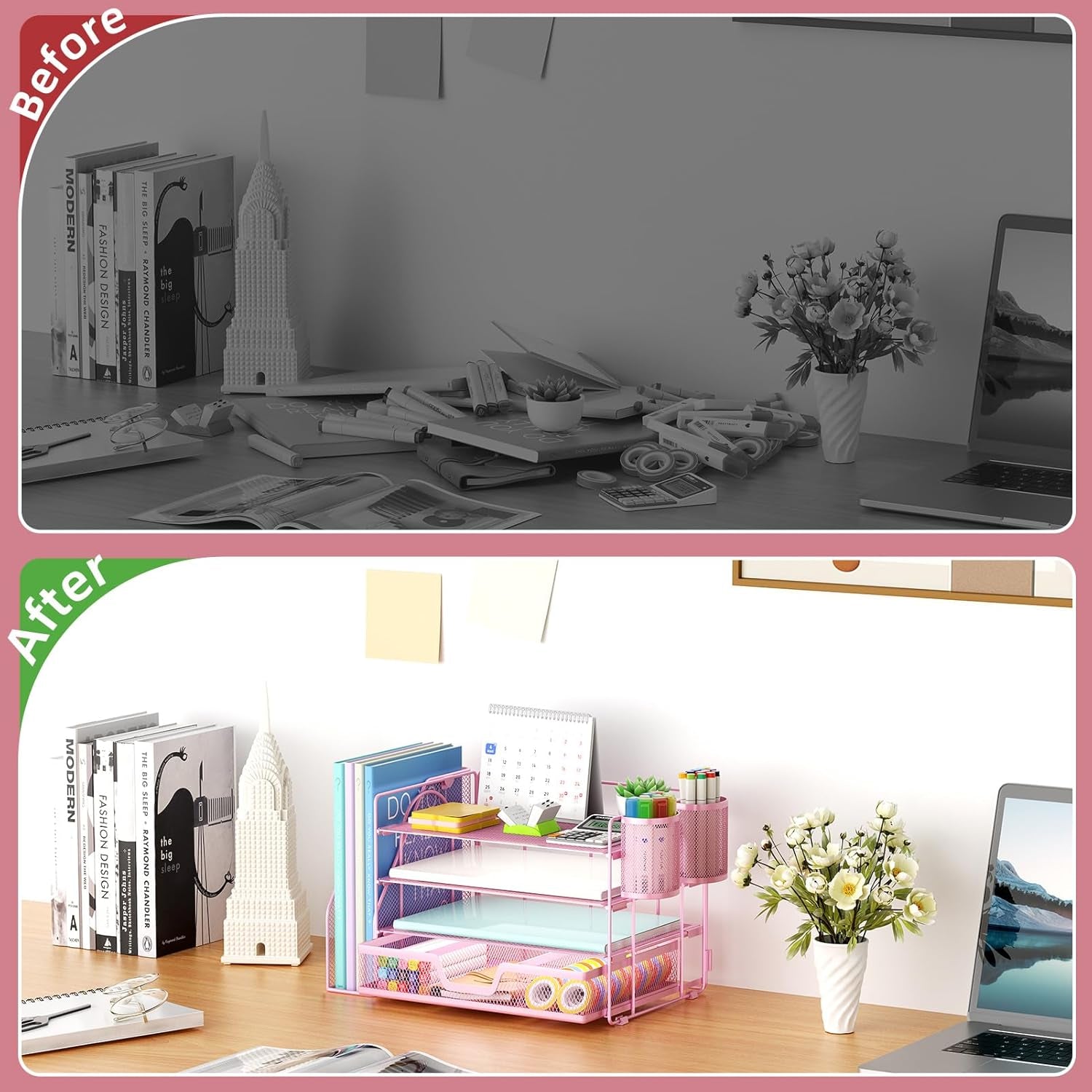 Desk Organizer and Accessories，4-Tier Paper Letter Tray Organizer with File Holder, Workspace Desk Organizers Accessories with Drawer and 2 Pen Holder (Pink, 15.4" X 9.1" X 8.3")