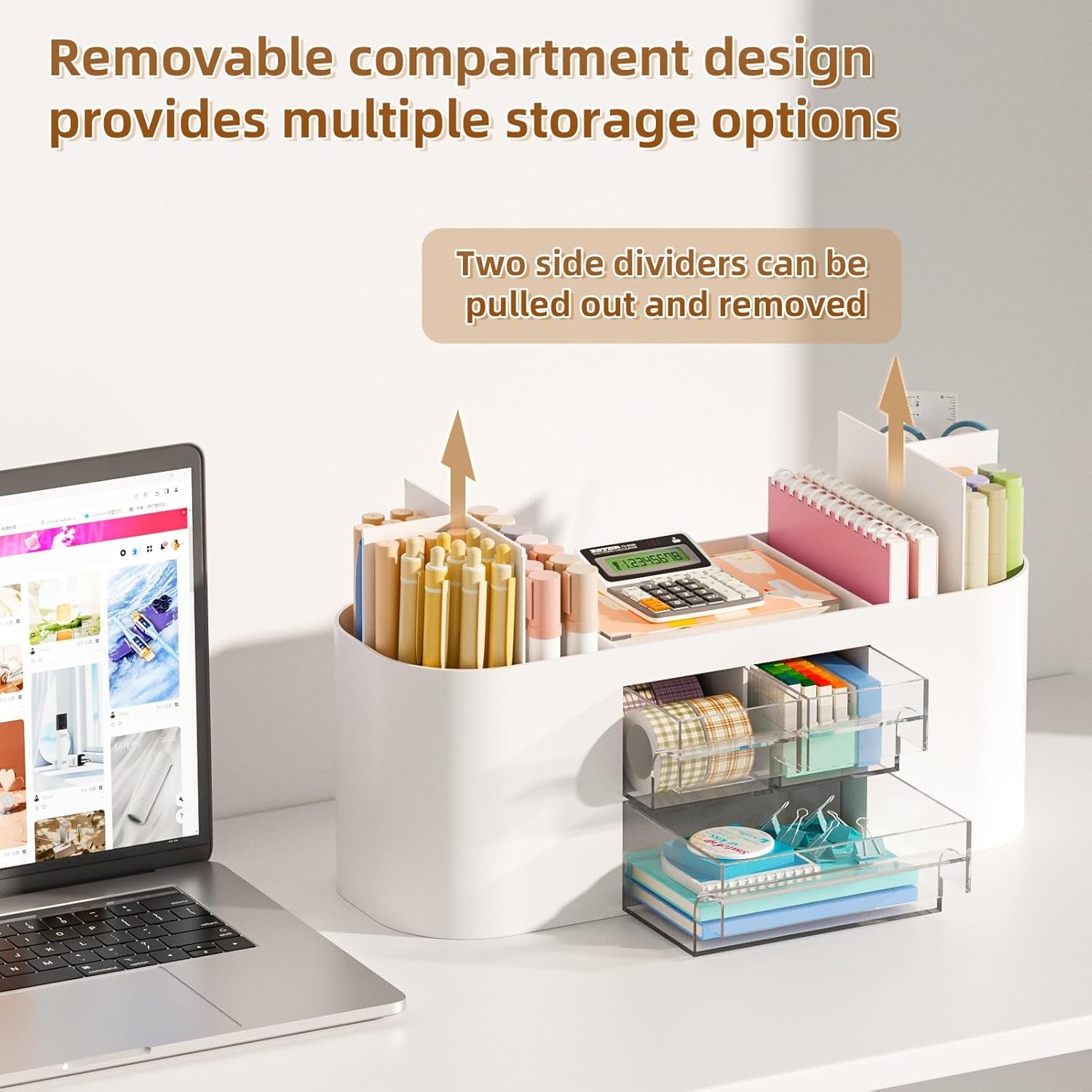 Desk Organizer Pen Holder for Desk with 3 Drawers, Multi-Functional Pencil Holder, Desk Organizers and Accessories with 7 Compartments for Home, School, Classroom(White)