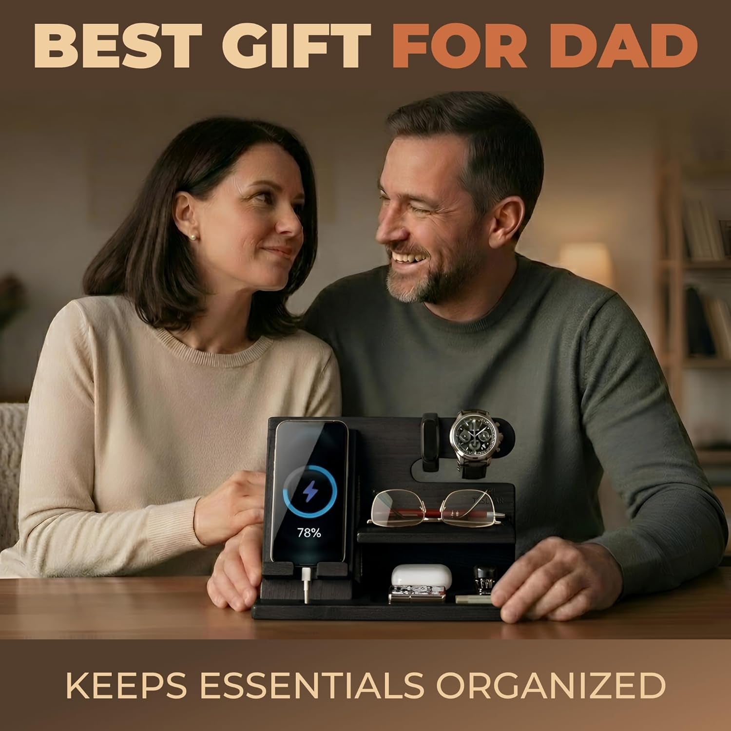 Wood Phone Docking Station for Men - Desktop or Nightstand Organizer - Birthday Gifts for Men, Dad - Anniversary Idea from Wife - Key Holder, Stand Wallet, Watch & Essentials (Granite Black)