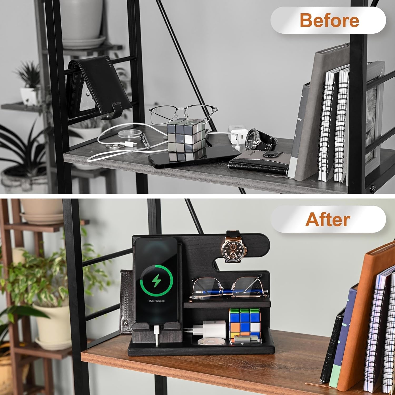 Wood Phone Docking Station for Men - Desktop or Nightstand Organizer - Birthday Gifts for Men, Dad - Anniversary Idea from Wife - Key Holder, Stand Wallet, Watch & Essentials (Granite Black)