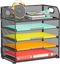 Paper Organizer Letter Tray with Handle, 5-Tier Black Stackable Desk Organizer with Metal Mesh, Sturdy Paper Tray for Office Desk, Home & Classroom Supplies Storage