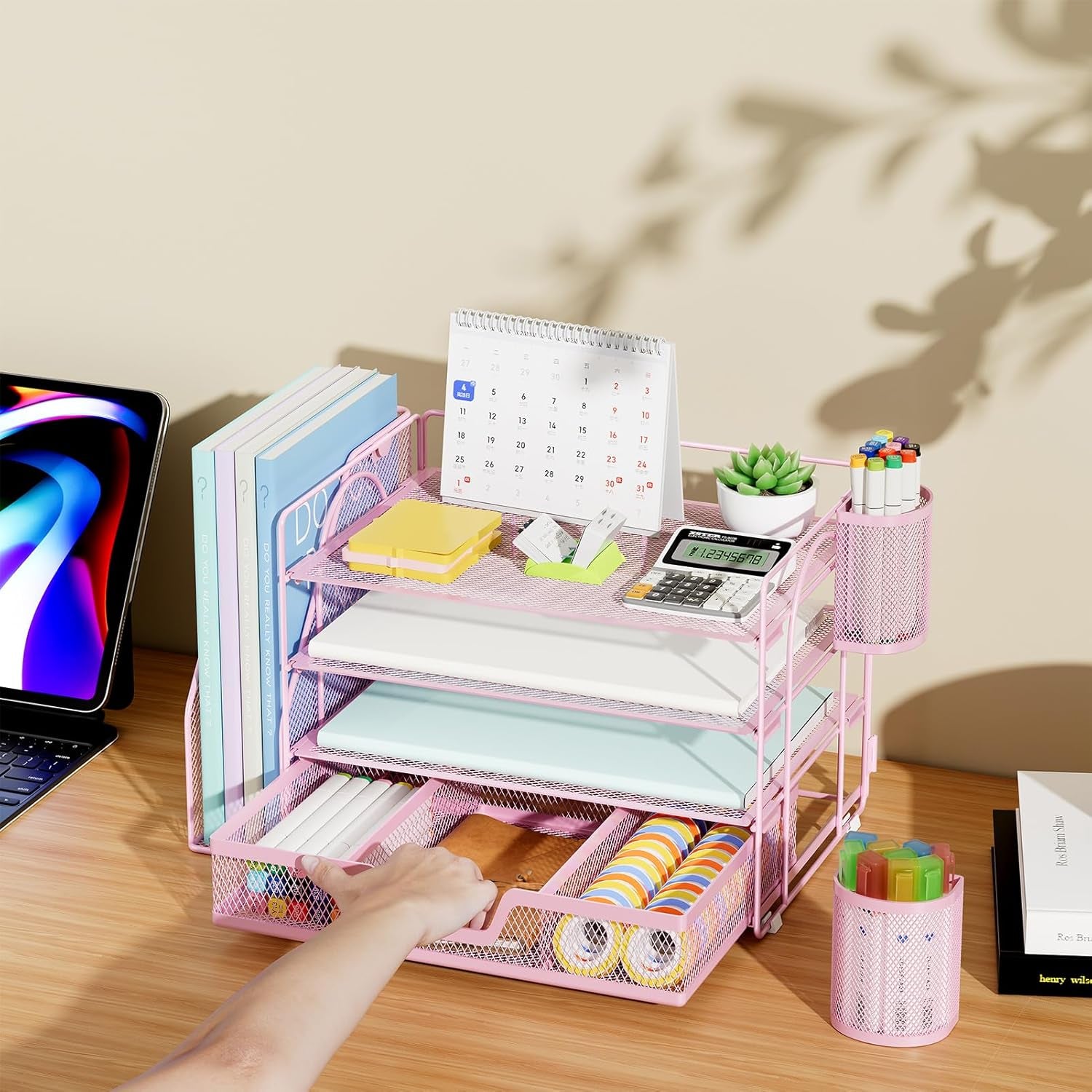 Desk Organizer and Accessories，4-Tier Paper Letter Tray Organizer with File Holder, Workspace Desk Organizers Accessories with Drawer and 2 Pen Holder (Pink, 15.4" X 9.1" X 8.3")