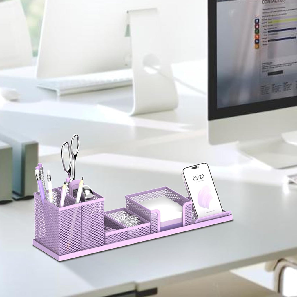 Pen Holder for Desk, 6 Piece Mesh Desk Organizer Set for Office Organization with Mail Organizer, Letter Phone Holder, Sticky Notes Caddy Storage, Purple