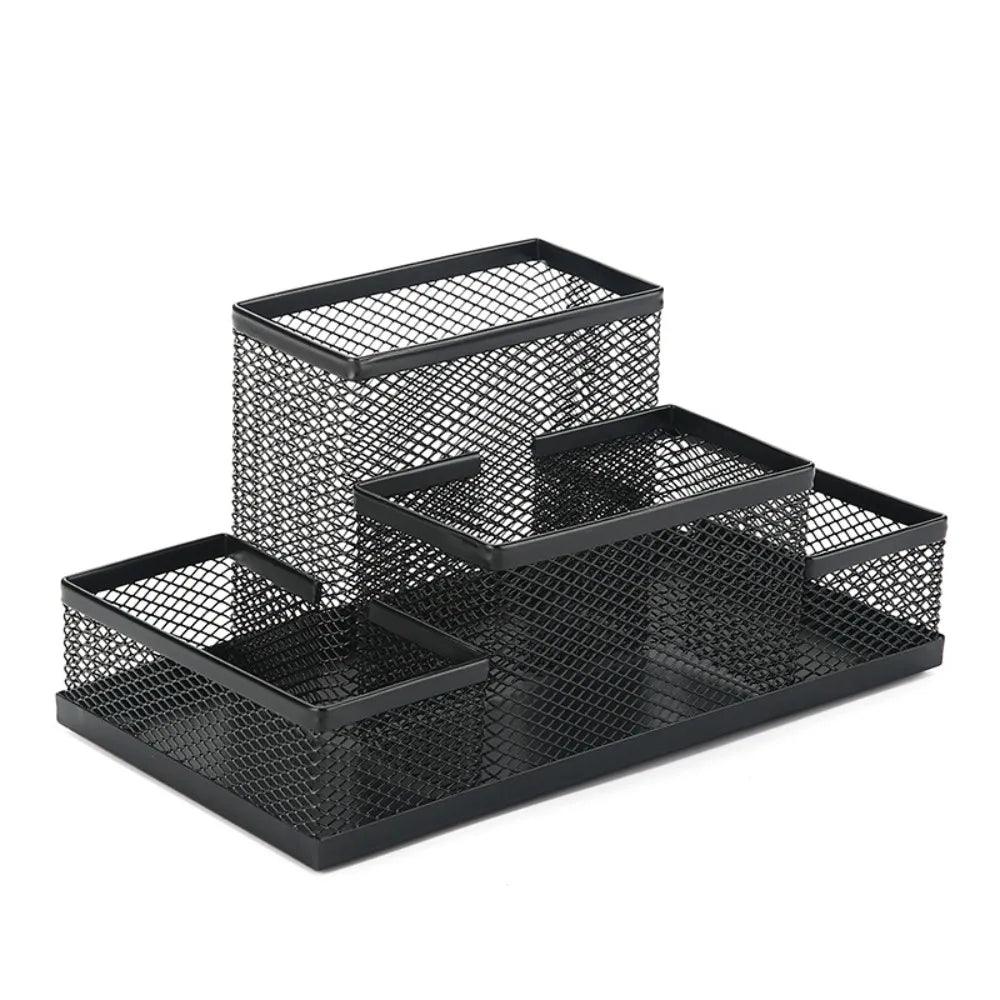 3/4 Grid Metal Mesh Pen Holder Large Capacity Creative Pencil Storage Box Hollowed-Out Multi-Purpose Desktop Storage Container