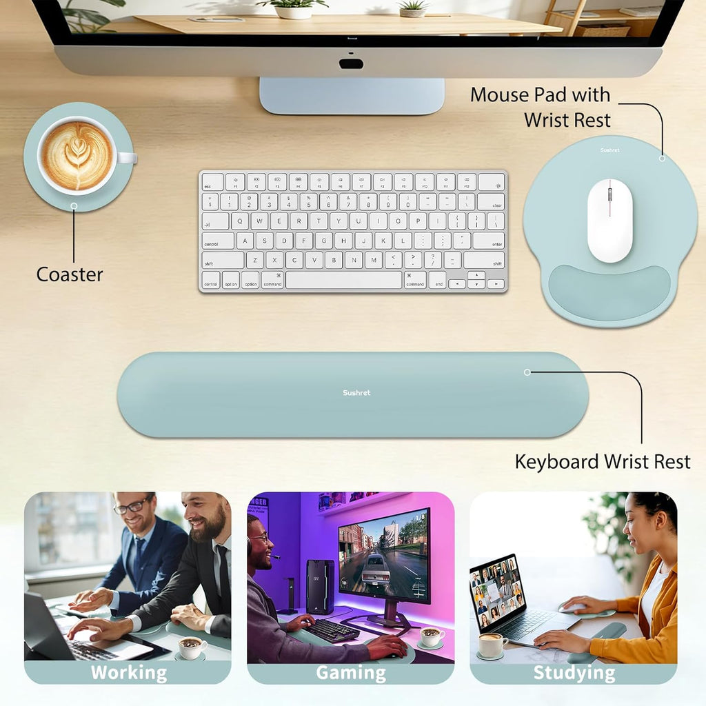 Mouse Pad and Keyboard Wrist Rest, 3-In-1 Gel Memory Foam Ergonomic Mouse Pad with Wrist Rest Set, Gaming Mousepad Arm Cushion Support for Computer Office Desk Accessories Cute, Seafoam Blue