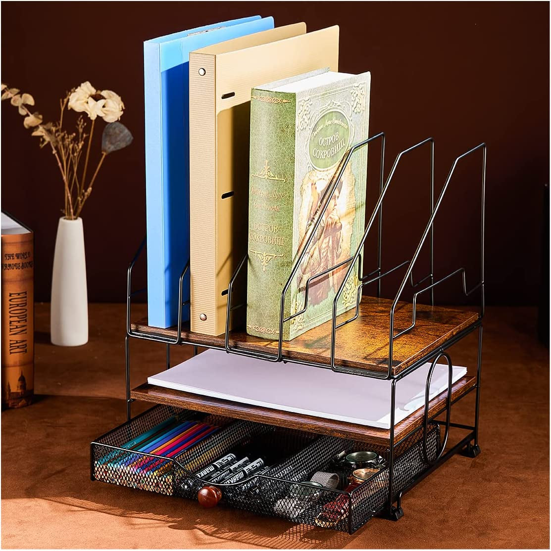 Desk Organizers, File Organizer for Desk, Wood Desk Organizer, Desktop File Organizer with Drawer, with 5 Upright File Holder Sorters, for Office Supplies Folder Organizer