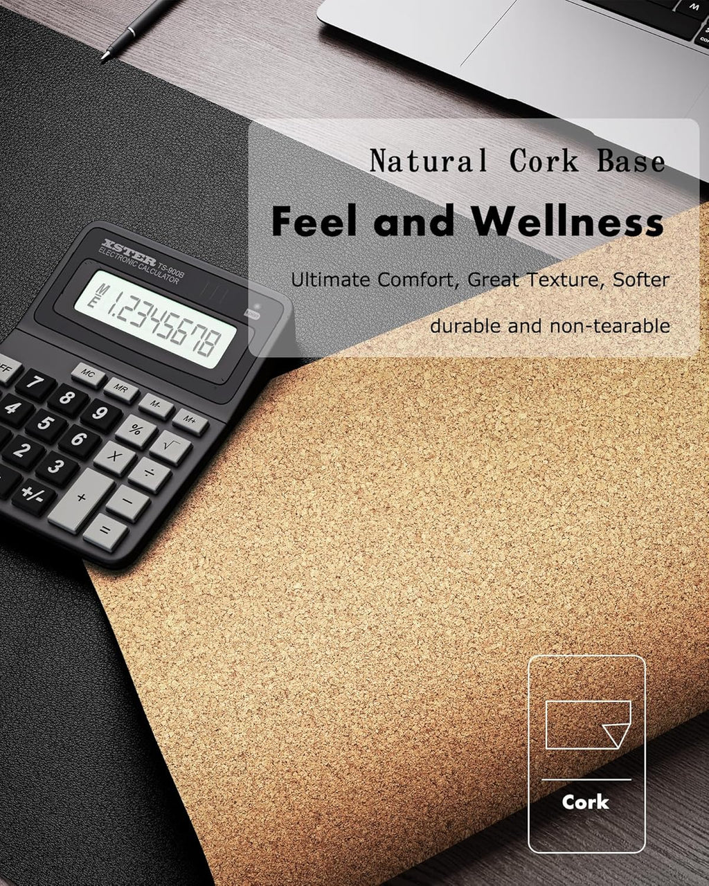 Double-Sided Desk Pad, Leather Desk Mat, Eco Cork Desk Pad Protector, Large Mouse Pad for Desk, Waterproof Desk Blotter Pad, Desk Writing Pad for Office Work/Home(23.6"X13.7",Black+Cork)