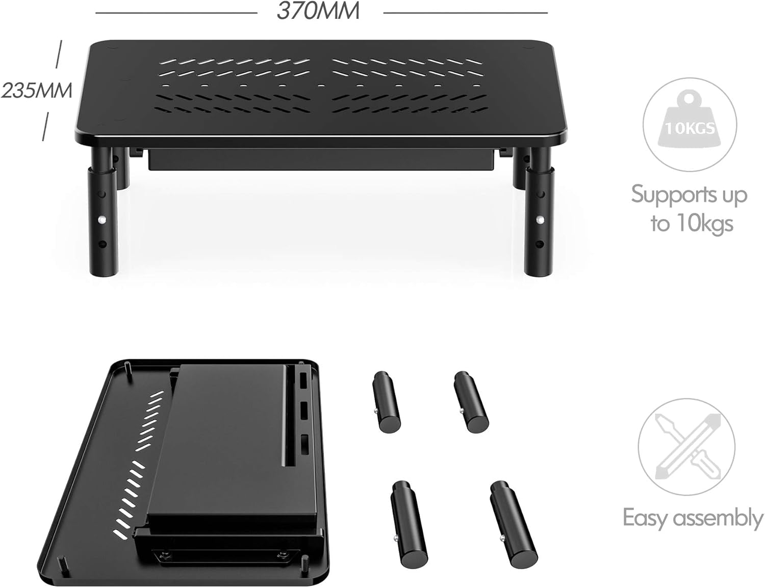 Monitor Stand with Drawer - Adjustable Computer Monitor Riser, Metal Desktop Stand for PC Cellphone Cable Management, Printer Display with Vented, Office Organization, Black, 1PACK