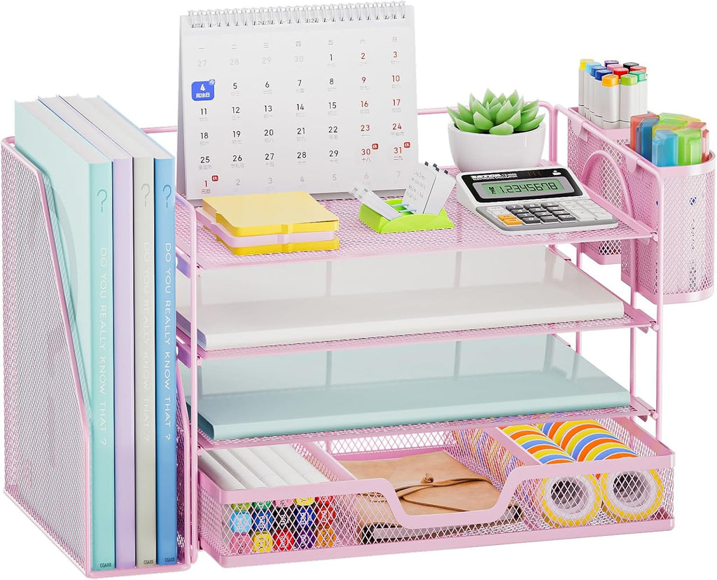 Desk Organizer and Accessories，4-Tier Paper Letter Tray Organizer with File Holder, Workspace Desk Organizers Accessories with Drawer and 2 Pen Holder (Pink, 15.4" X 9.1" X 8.3")