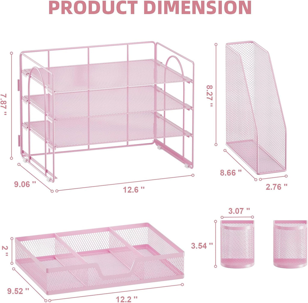 Desk Organizer and Accessories，4-Tier Paper Letter Tray Organizer with File Holder, Workspace Desk Organizers Accessories with Drawer and 2 Pen Holder (Pink, 15.4" X 9.1" X 8.3")