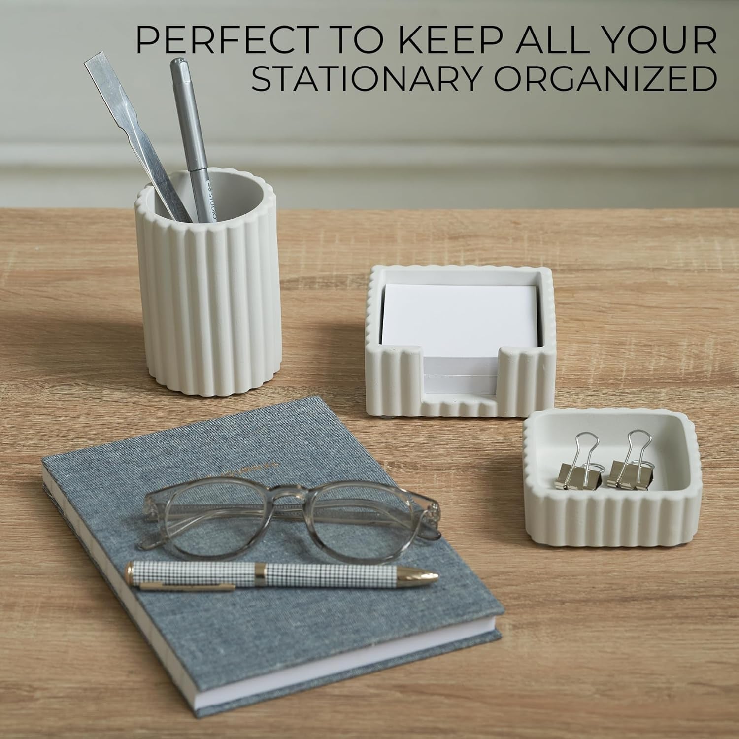 Modern Aesthetic Desk Accessories Set of 3 - Stylish Concrete Organizers for Pens & Office Supplies - a Cute and Functional Addition to Your Workspace Decor