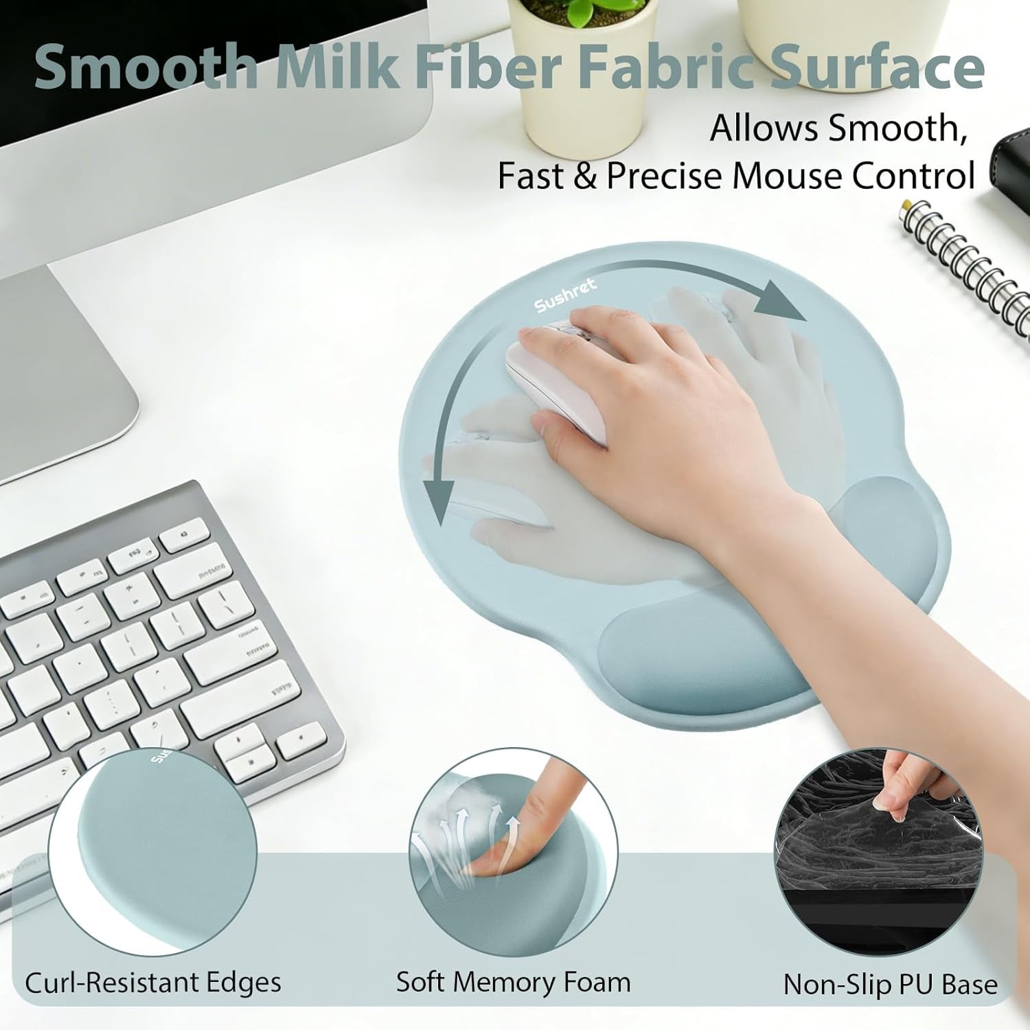 Mouse Pad and Keyboard Wrist Rest, 3-In-1 Gel Memory Foam Ergonomic Mouse Pad with Wrist Rest Set, Gaming Mousepad Arm Cushion Support for Computer Office Desk Accessories Cute, Seafoam Blue