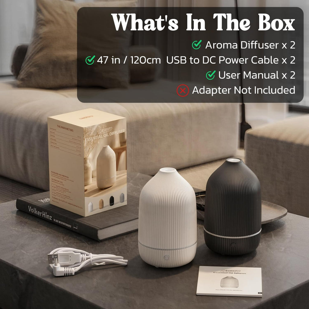 Essential Oil Diffuser, 2Pack, 100Ml Aromatherapy Diffuser, Mini Ultrasonic Diffuser for Essential Oil, Home, Office, Cool Mist Humidifier with 7 Led Light, Auto Shut-Off, White & Black