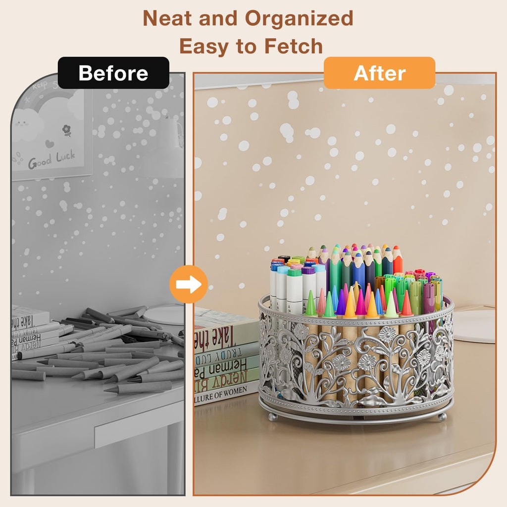 Pencil Pen Holder for Desk - Rotating Pencil Cup Organizer Cute Desktop Caddy with 4 Slots for Art Supplies School Home