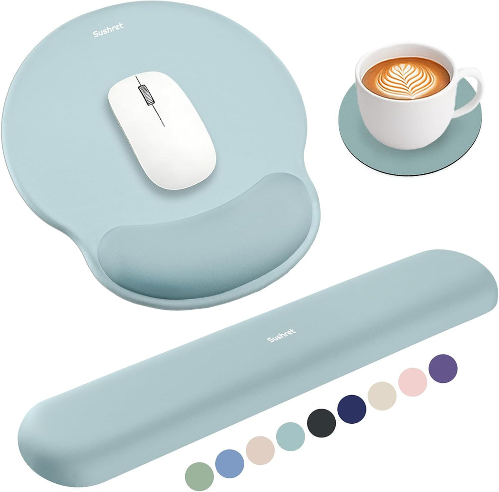 Mouse Pad and Keyboard Wrist Rest, 3-In-1 Gel Memory Foam Ergonomic Mouse Pad with Wrist Rest Set, Gaming Mousepad Arm Cushion Support for Computer Office Desk Accessories Cute, Seafoam Blue