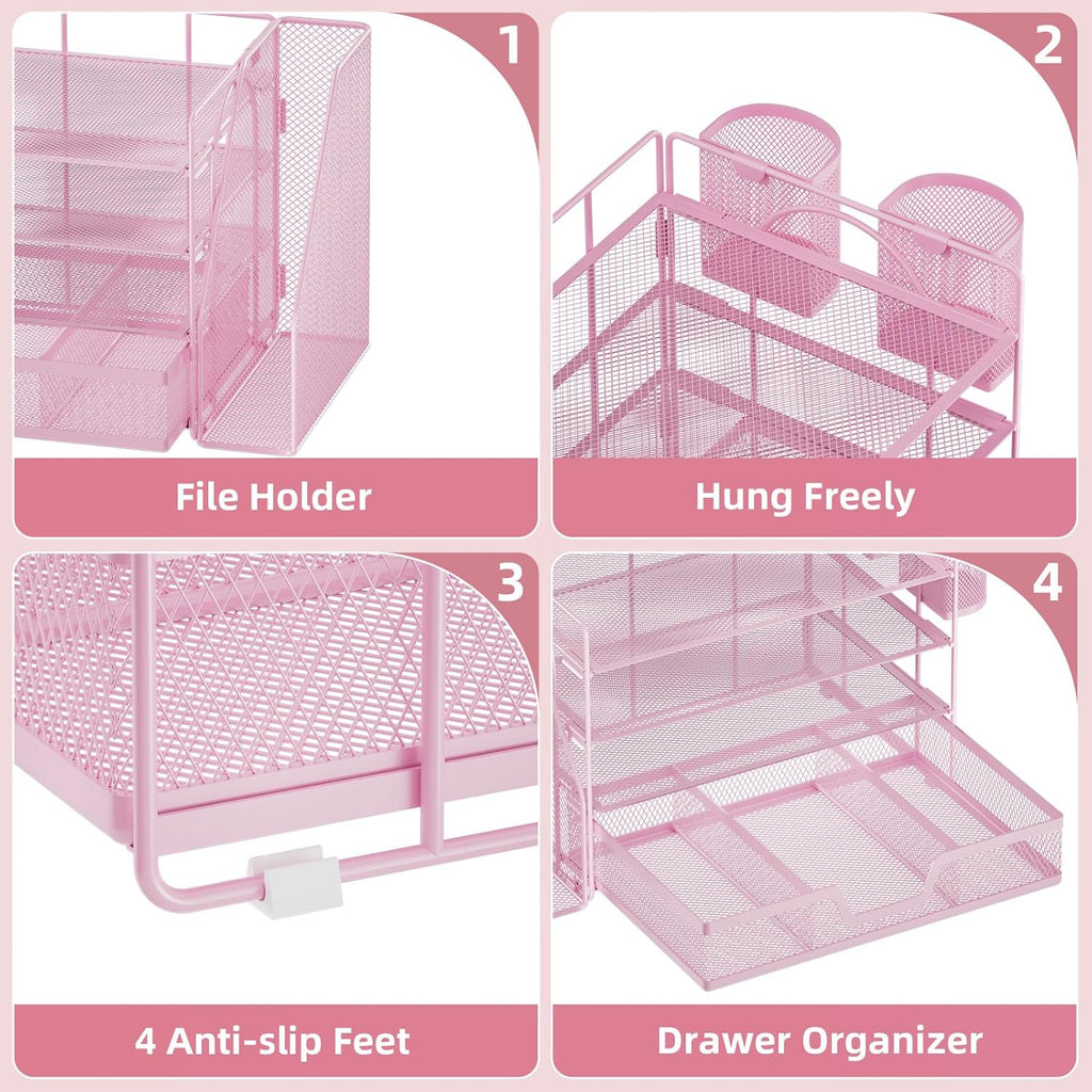 Desk Organizer and Accessories，4-Tier Paper Letter Tray Organizer with File Holder, Workspace Desk Organizers Accessories with Drawer and 2 Pen Holder (Pink, 15.4" X 9.1" X 8.3")