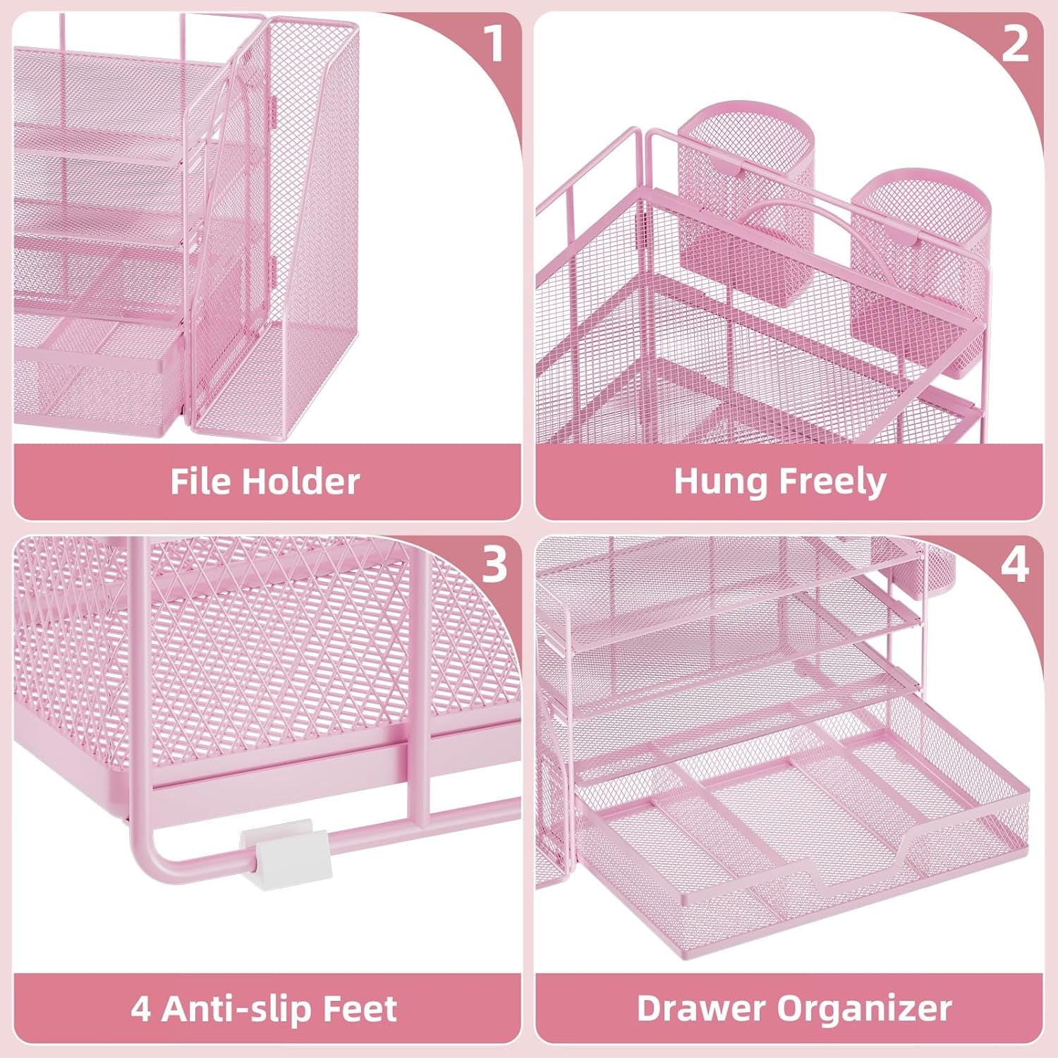 Desk Organizer and Accessories，4-Tier Paper Letter Tray Organizer with File Holder, Workspace Desk Organizers Accessories with Drawer and 2 Pen Holder (Pink, 15.4" X 9.1" X 8.3")