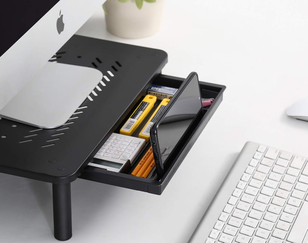 Monitor Stand with Drawer - Adjustable Computer Monitor Riser, Metal Desktop Stand for PC Cellphone Cable Management, Printer Display with Vented, Office Organization, Black, 1PACK