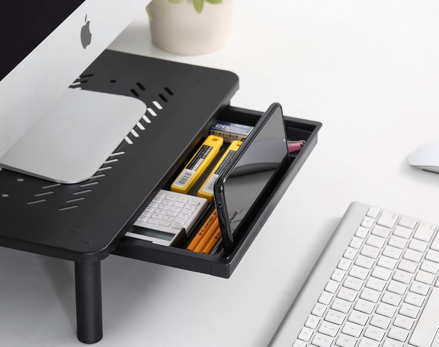Monitor Stand with Drawer - Adjustable Computer Monitor Riser, Metal Desktop Stand for PC Cellphone Cable Management, Printer Display with Vented, Office Organization, Black, 1PACK