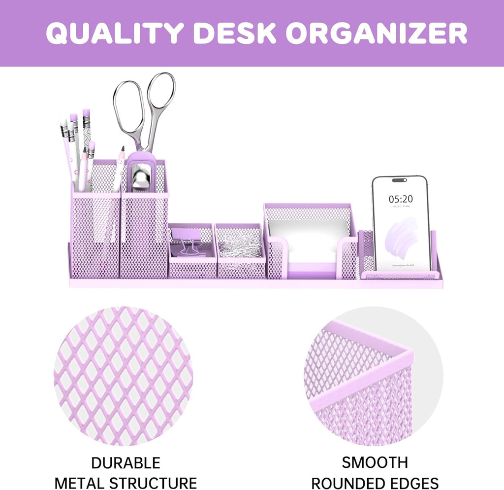 Pen Holder for Desk, 6 Piece Mesh Desk Organizer Set for Office Organization with Mail Organizer, Letter Phone Holder, Sticky Notes Caddy Storage, Purple