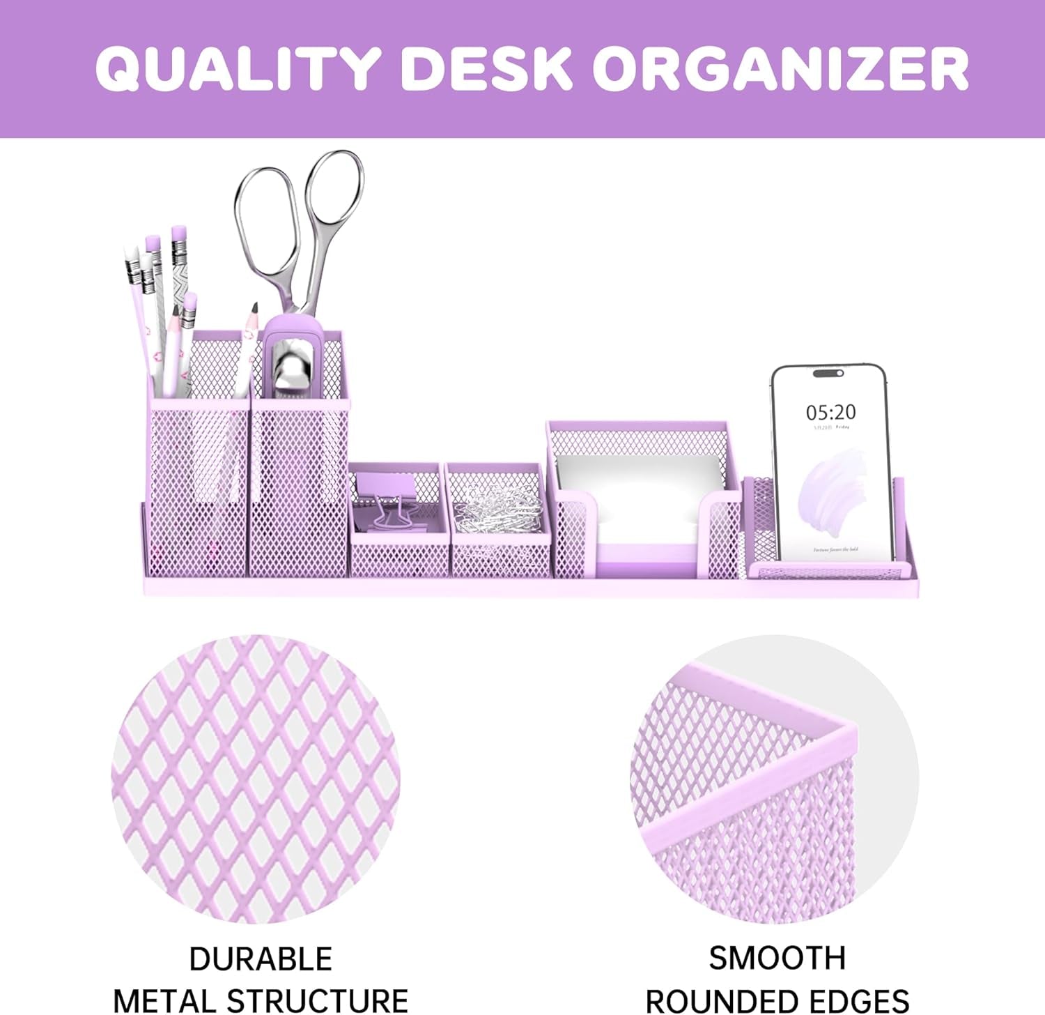Pen Holder for Desk, 6 Piece Mesh Desk Organizer Set for Office Organization with Mail Organizer, Letter Phone Holder, Sticky Notes Caddy Storage, Purple