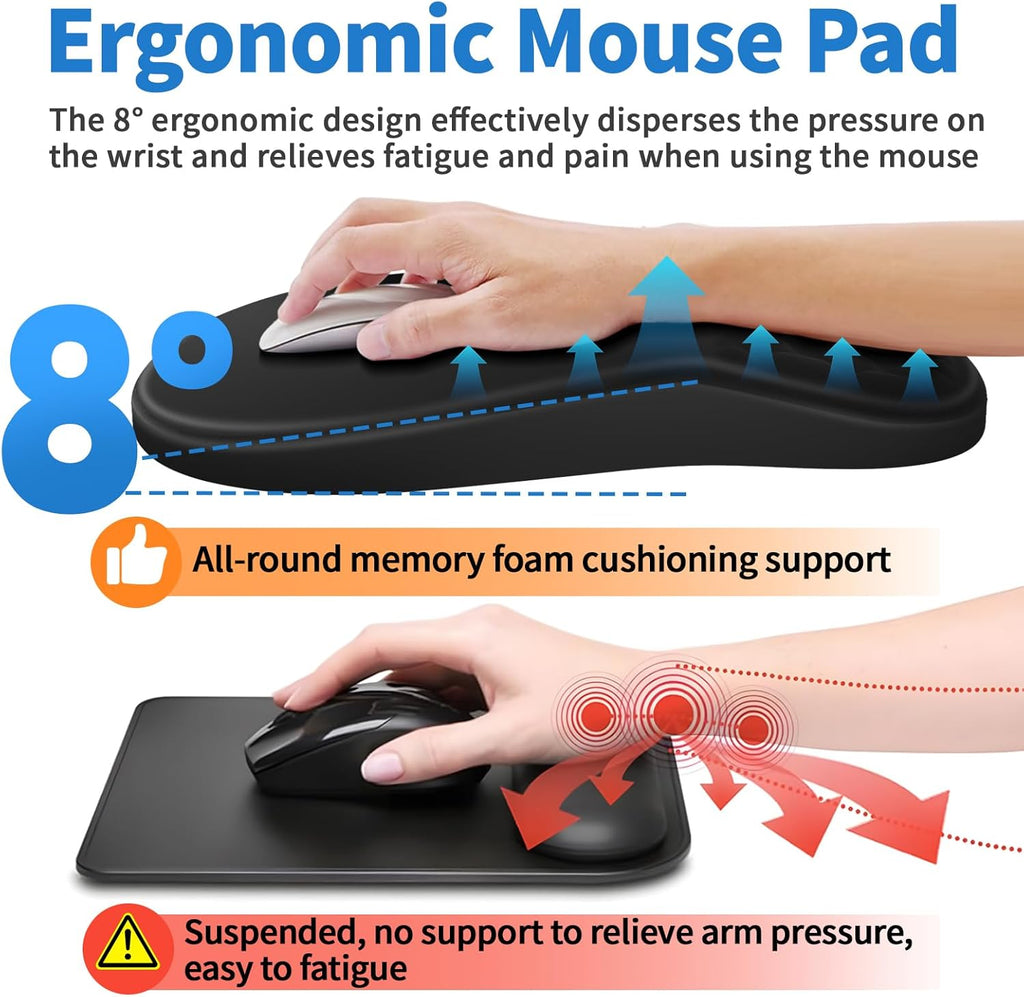 Ergonomic Mouse Pad with Wrist Support - Gel Memory Foam Mouse Mat for Computer Keyboard & Laptop - Non-Slip Base, Pain Relief for Home Office & Gaming - Black
