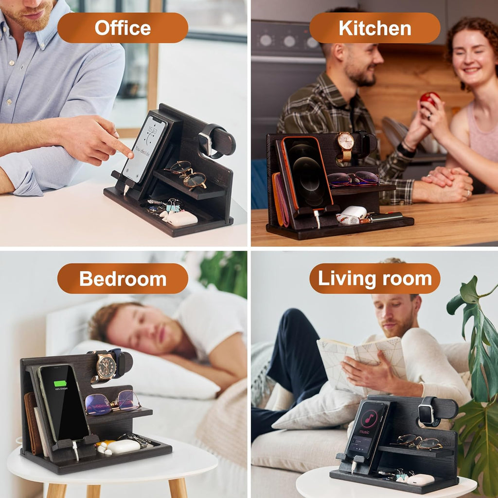 Wood Phone Docking Station for Men - Desktop or Nightstand Organizer - Birthday Gifts for Men, Dad - Anniversary Idea from Wife - Key Holder, Stand Wallet, Watch & Essentials (Granite Black)
